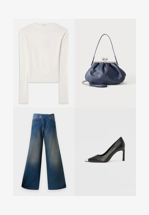 Camiseta blanca de manga larga hecha de algodón, con un sencillo cuello redondo y un ajuste ceñido. La tela es suave con un ligero estiramiento.; Jeans de pernera ancha en denim, con un acabado ligeramente desvaído, costuras visibles, dos bolsillos frontales y cierre de botón.; Zapato de tacón alto de cuero negro con punta en forma de pico y una tapa metálica plateada. Presenta un acabado suave y un tacón delgado de 10 cm.; Bolso de mano de cuero azul marino suave con cierre de broche plateado, una correa de hombro y correa de cadena desmontable para la muñeca sobre fondo blanco.