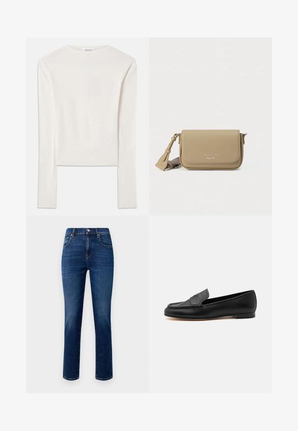 Hvid langærmet top lavet af bomuld, med en simpel rund hals og en slim fit. Stof er glat med en let stræk.; Mørkeblå denimjeans med lige ben, fem lommer og metalknaplukning foran. Glat tekstur, ingen synlige mønstre.; Sort læderloafer med lav hæl, syninger og en lille metallisk detalje på vristen.; Khaki læder crossbody taske med tekstureret finish, klaplukning, sølvfarvet logo og justerbar rem. Kompakt rektangulær form.