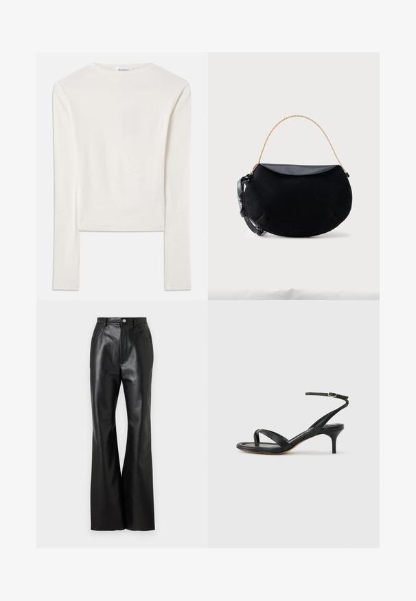Camiseta blanca de manga larga hecha de algodón, con un sencillo cuello redondo y un ajuste ceñido. La tela es suave con un ligero estiramiento.; Pantalones de cuero negro acampanados con un acabado elegante, bolsillos frontales y costuras en contraste. Presenta un cierre de botón y una cinturilla estructurada.; Sandalia negra de cuero para mujer con tiras finas, un lazo para el dedo del pie, hebilla en el tobillo y tacón de aguja de altura media sobre un fondo neutro.; Bolso negro en forma de media luna con solapa de cuero suave, asa de cadena dorada y correa ajustable de cuero negro sobre fondo blanco.