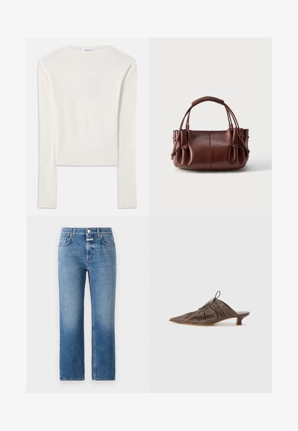 Hvid langærmet top lavet af bomuld, med en simpel rund hals og en slim fit. Stof er glat med en let stræk.; CLOSED MILO - Jeans Straight Leg - mid blue; Brun læder mule med spids tå, samlet tekstur, lille hæl og en snorede accent ved åbningen. Glat finish.; Brun læderhåndtaske med opsamlede sider, dobbelte top-håndtag og en blød, let tekstureret finish på en ensfarvet baggrund.