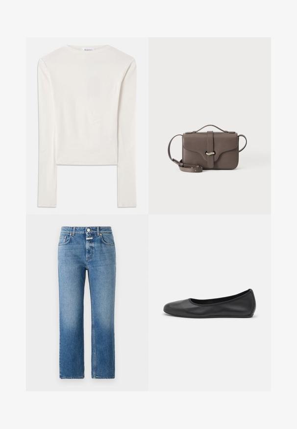 Witte lange mouw top van katoen, met een eenvoudige ronde hals en een slim fit. De stof is glad met een lichte stretch.; CLOSED MILO - Straight leg jeans - mid blue; Zwarte leren ballerina met een ronde neus, gladde textuur, minimale stikdetails en een flexibele zoolontwerp.; Bruine leren crossbodytas met bovenhandvat, voorflap en zilveren gesp, getoond tegen een effen witte achtergrond.