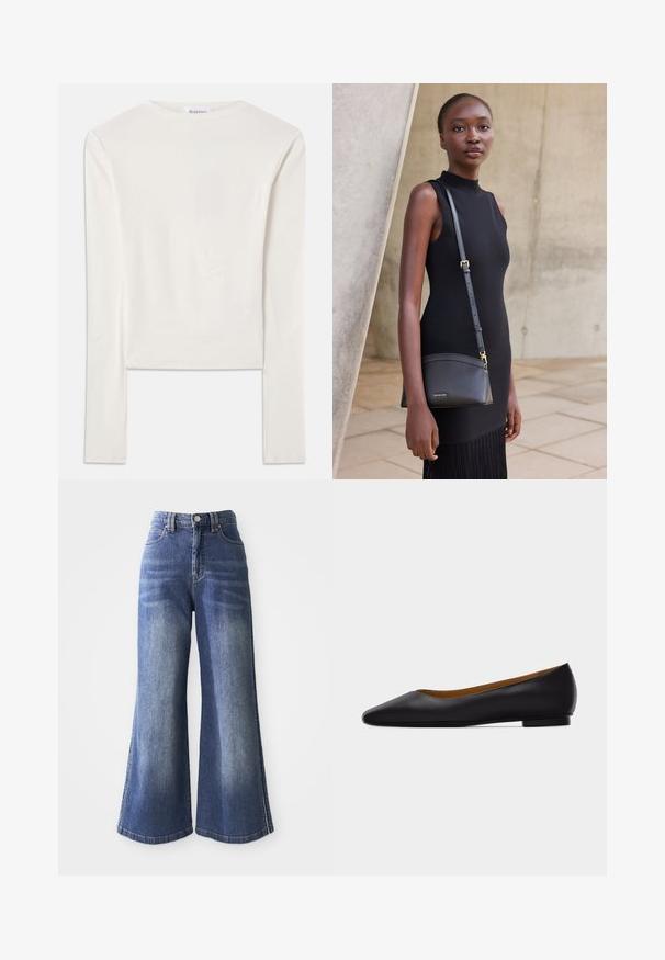 Haut à manches longues blanc en coton, dotée d'un col ras du cou simple et d'une coupe ajustée. Le tissu est lisse avec une légère élasticité.; Jean en denim à jambe large dans un bleu moyen, présentant une taille haute, un design à cinq poches et des coutures contrastées le long des ourlets et des côtés.; Chaussure plate en cuir noir à bout pointu avec talon bas et finition lisse, vue de côté sur un fond gris clair.; Jeune femme en robe noire sans manches portant un sac bandoulière en cuir noir, debout contre un mur en béton clair.
