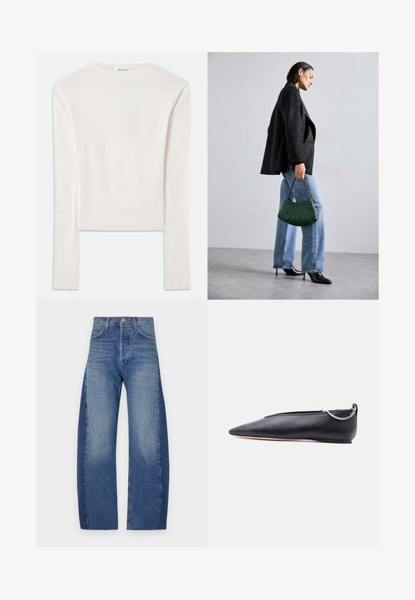 Hvid langærmet top lavet af bomuld, med en simpel rund hals og en slim fit. Stof er glat med en let stræk.; Denimjeans i en lys til mørk blå gradient, med et afslappet, bredt benfit, fem-lomme design og synlige syninger.; Sort læder flad sko med spids tå, lav hæl og sølvkæde detalje bagpå mod en ensfarvet baggrund.; DRAGON DIFFUSION ROSANNA - Håndtasker - forest