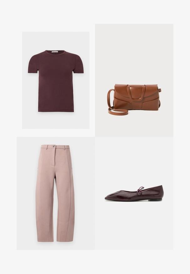 T-shirt à manches courtes col rond en bordeaux foncé, en tissu doux, avec une petite étiquette de marque à l'intérieur du col.; Pantalon en tissu rose clair et doux, à coupe droite, avec une fermeture éclair à l'avant, un bouton de fermeture et des poches latérales. Texture lisse avec des détails de couture.; Ballerines en cuir verni bordeaux avec un bout pointu et un nœud décoratif violet sur le cou-de-pied ; design à semelle plate.; Sac à main en cuir marron au design élégant, avec un rabat structuré, un fermoir marqué et une bandoulière réglable pour plus de polyvalence.