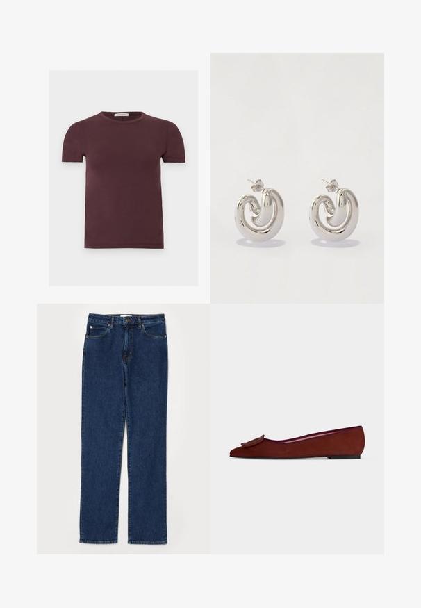 Kurzärmeliges T-Shirt mit Rundhalsausschnitt in dunklem Burgunderrot, aus weichem Stoff, mit kleinem Markenlabel innen am Kragen.; Dunkelblaue Denim-Jeans im Gerade-Schnitt, fünf Taschen-Stil, mit einem stabilen Bund und sichtbaren Nähdetails.; Flacher brauner Damen-Schnürschuh aus Wildleder mit spitzer Spitze und großer dekorativer Schnalle oben vor einfachem Hintergrund.; Silberne Metallearrings mit einem gewellten Design, die glatte Oberflächen und ein poliertes Finish aufweisen und mit einem Schmetterlingsverschluss gesichert sind.