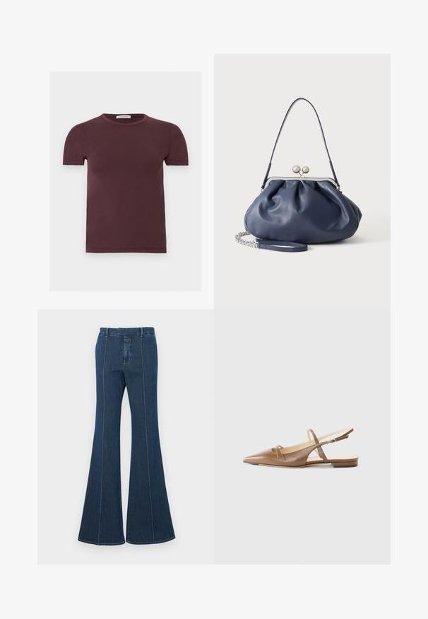 Kortærmet t-shirt med rund hals i mørk burgunder, lavet af blødt stof, med et lille mærke indeni kraven.; Mørkeblå denim flare bukser med strukturerede sømme og en ren finish. Har en mellem-høj talje og brede, svungne ben.; Brune lædersandaletter med spidse tæer, to smalle stropper og en lav hæl. Glat tekstur med en poleret finish.; Blød navyblå læderhåndtaske med sølv lukning, enkelt skulderrem og aftagelig kæde til håndleddet på hvid baggrund.
