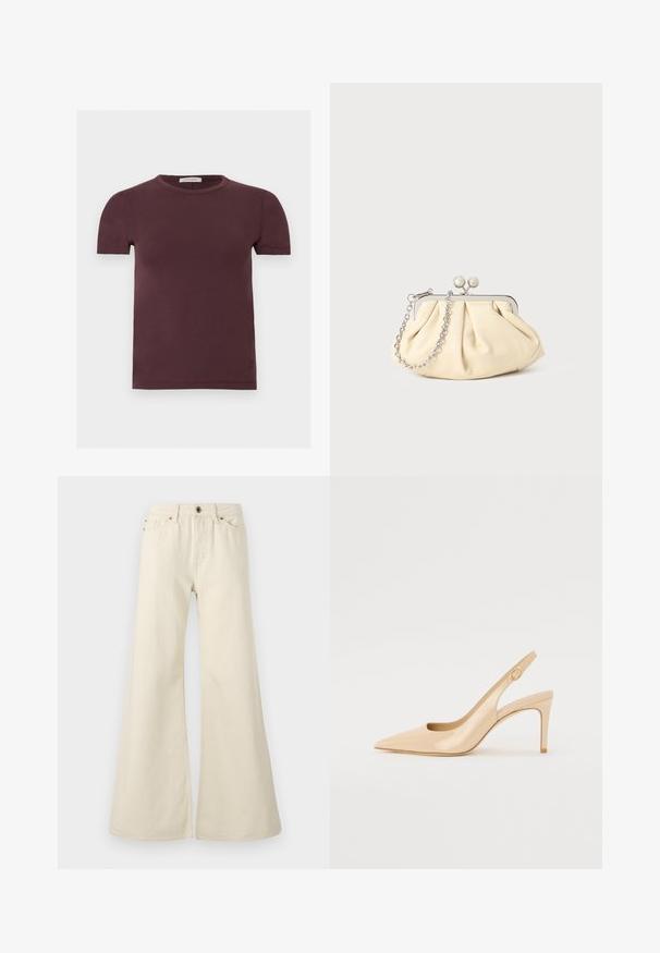 T-shirt met korte mouwen en ronde hals in donker bordeaux, gemaakt van zachte stof, met een klein merklabel aan de binnenkant van de kraag.; Lichtbeige flared jeans van katoen. Heeft een hoge taille, vijf zakken en een knoopsluiting met contrasterende stikdetails.; Nude gepatineerd leren slingbackhak met een spitse neus, open vamp en een dunne stilettohak. Bevat een ronde gouden accent op de band.; Geplooide beige leren clutch met een zilveren metalen frame, voorzien van twee ronde decoratieve sluitingen en een zilveren kettingriem.