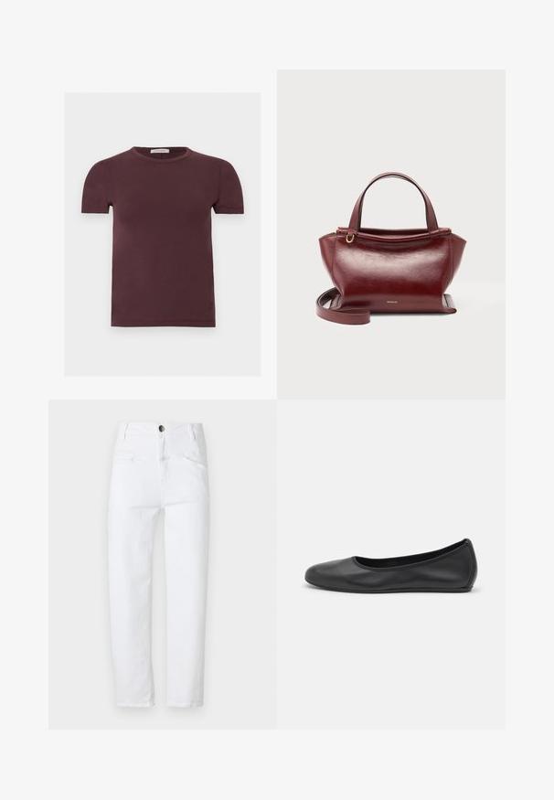 T-shirt met korte mouwen en ronde hals in donker bordeaux, gemaakt van zachte stof, met een klein merklabel aan de binnenkant van de kraag.; Witte denim jeans met een hoge taille, rechte snit, twee voorkruiszakken en een enkele achterzak. Voorzien van een metalen knoop en rits.; Zwarte leren ballerina met een ronde neus, gladde textuur, minimale stikdetails en een flexibele zoolontwerp.; Donkerrode leren handtas met dubbele bovenhandvatten, afneembare schouderriem, goudkleurige hardware en merknaam Wandler vooraan in het midden.