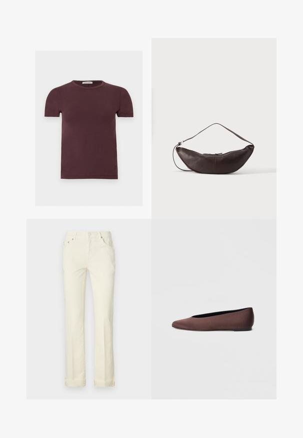 T-shirt met korte mouwen en ronde hals in donker bordeaux, gemaakt van zachte stof, met een klein merklabel aan de binnenkant van de kraag.; Lichtgele rechte jeans van katoen, met een vijf-pocket ontwerp, riemlussen en opgerolde boorden aan de zoom.; Bruine stoffen balletschoenen met een puntige neus en een gladde textuur, voorzien van een lage achterkant en een dunne zwarte zool. Geen zichtbare patronen of metalen onderdelen.; Donkerbruine leren schoudertas in halve maan vorm met een gebogen band en zichtbare stiksels op een effen achtergrond.