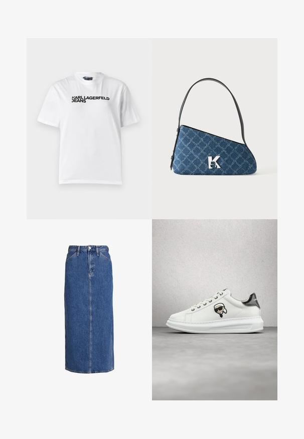 Camiseta de algodón blanca con cuello redondo, mangas cortas y texto impreso en negro que dice "KARL LAGERFELD JEANS" en el pecho.; Falda midi de mezclilla en azul medio con corte recto, cierre delantero de botones, dos bolsillos laterales y costuras visibles para dar textura.; Zapatilla blanca de Karl Lagerfeld con cordones, parche de logo en negro y beige, y pestaña metálica plateada en el talón, flotando sobre un suelo gris.; Bolso bandolera de denim acolchado azul con correa negra y logotipo plateado "K" en el frente, mostrado sobre un fondo blanco liso.