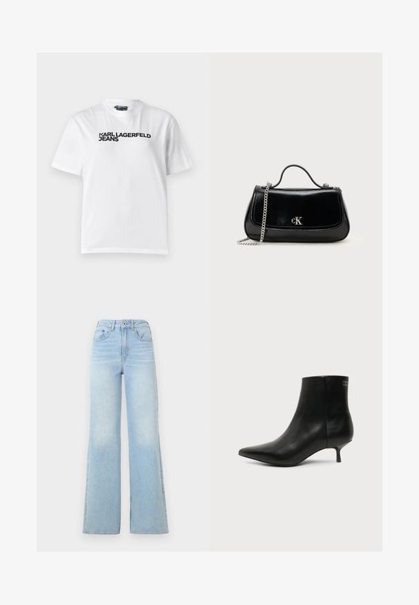 Witte katoenen t-shirt met een ronde hals, korte mouwen en zwarte bedrukte tekst met "KARL LAGERFELD JEANS" op de borst.; Lichtblauwe high-waisted jeans met een ontwerp met wijde pijpen. Beschikt over vijf zakken en een knoopsluiting, gemaakt van denim met een lichte vervaging.; Zwart leren enkellaars met puntige neus en lage kittenhak op lichte achtergrond, zijaanzicht buitenkant.; Zwarte leren handtas met een ketting schouderband, gestructureerde vorm en een zilveren logo-accent. Gladde textuur met een flapsluiting.