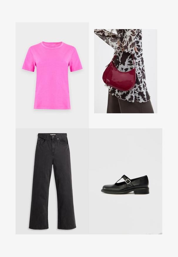 Camiseta de manga corta y cuello redondo en color rosa brillante, mostrada frente a un fondo liso de color gris claro.; Jeans de mezclilla negra de pierna ancha con cintura alta, cinco bolsillos y cierre de botón metálico. La tela tiene una textura suave y ligeramente desvaída.; Zapato Mary Jane de cuero negro con puntera redonda, diseño de tira en T, hebilla ajustable y tacón bajo apilado. Textura suave con detalles mínimos.; Mujer con blusa de estampado en blanco y negro sosteniendo un bolso de hombro rojo brillante sobre un fondo liso.