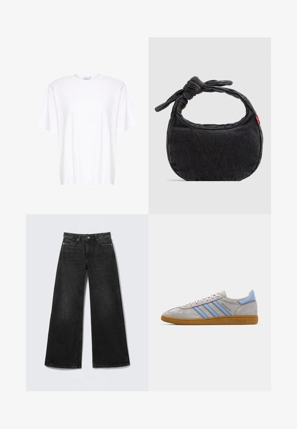 Gestuz SAMURILLY - Lihtne T-särk - bright white; Mustad laia sääriga teksapüksid viie tasku ja nupuga kinnitusega, esitatud lamedalt heledal taustal.; Hallhalli suede tossud, millel on helesinised triibud, kummist tallad ja logo aktsendid. Madal disain, ümmargune nina ja paeltesuletav kinnitussüsteem.; Väike must teksariidest õlakott sõlmitud rihma ja tõmblukuga sulgemisega, mille küljes on punane Levi's kangast silt.