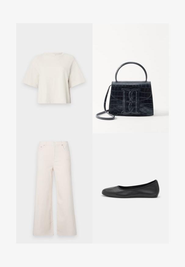 Karamelfarvet cropped t-shirt lavet af ribbet stof, med rund halsudskæring og korte ærmer i en afslappet pasform.; Bredde ben, lysebeige denimbukser med høj talje, fem lommer og knaplukning foran. Glat tekstur, minimale syningsdetaljer.; Sort læderballetsko med rund tå, glat tekstur, minimal syning og et fleksibelt såldesign.; Sort krokodillede læderhandbag med en struktureret design, top-håndtag, justerbar rem og et fremtrædende frontlogo.