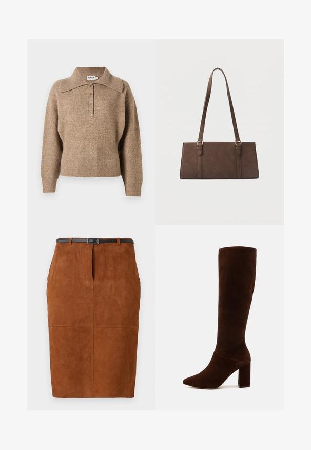 Brun sweater med krave, ribbede manchetter og kant. Har en knaplukning foran og en blød tekstur.; Brun suedepensel nederdel med en tætsiddende form, syninger og et sort læderbælte med en kvadratisk spænde.; Brune ruskind knæhøj støvle med spids tå og en chunky firkantet hæl. Glat texture med en tætsiddende skaft og ingen synlige lukninger.; Brun rektangulær skuldertaske med lange stropper og minimale syningsdetaljer på en ensfarvet baggrund.