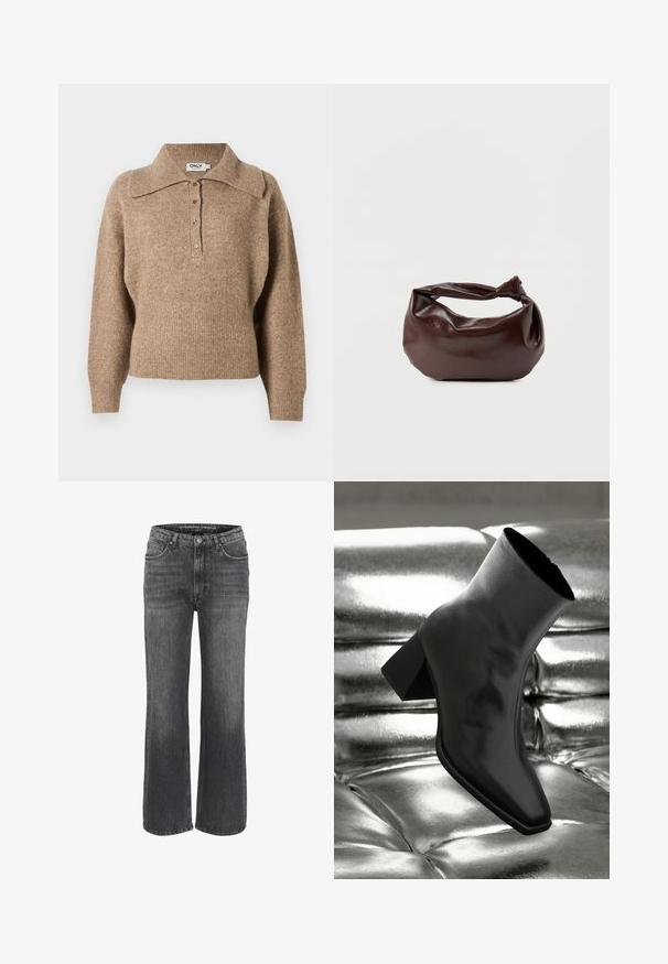 Bruine trui met een kraaghalslijn, geribde manchetten en zoom. Met een knoopsluiting aan de voorkant en een zachte textuur.; Wijd uitgesneden jeans in donkergrijze denim, met een klassieke vijf-pocketontwerp, gestikte details en een knoopsluiting in de taille.; Zwarte enkellaarsjes van glanzend materiaal met een vierkante neus en taps toelopende hak, afgezet tegen een glanzende zilveren gecapitonneerde achtergrond.; Donkerbruine leren schoudertas met een zachte, slungelige vorm en een gedraaide knoopvormige handgreep op een effen witte achtergrond.