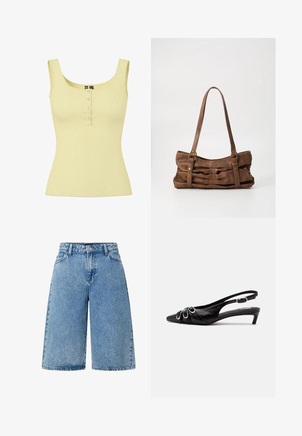 Mouwloze lichtgele ribgebreide tanktop met vierkante halslijn en vier kleine drukknopen aan de voorkant.; Lichtblauwe denim short met een wijde snit, standaard vijf-pocket stijl en een gestructureerde stof met een vervaagde afwerking.; Zwarte leren slingback schoen met puntige neus, drie zilveren gespen aan de voorkant en lage kittenhak op witte achtergrond.; Even&Odd by Zalando Handtas - brown