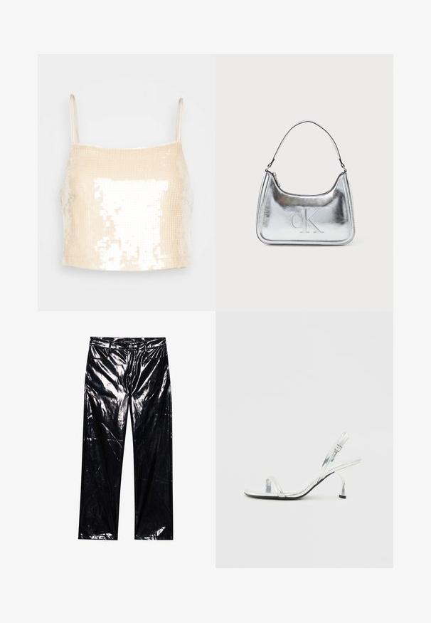 Beige crop top med tynde stropper, der har en pailletoverflade som reflekterer lys og skaber en glitrende effekt over hele overfladen.; Sorte, højglans, faux læderbukser med brede ben, klassisk fem-lomme design, knap- og lynlåslukning samt blank overflade.; Sølv patentlæder slingback højhælede sandal med en smal tårem, justerbar spænde og en slank hæl.; Sølvmetallic håndtaske med en buet form, lynlåslukning og skulderrem. Har et præget "CK" logo på fronten.