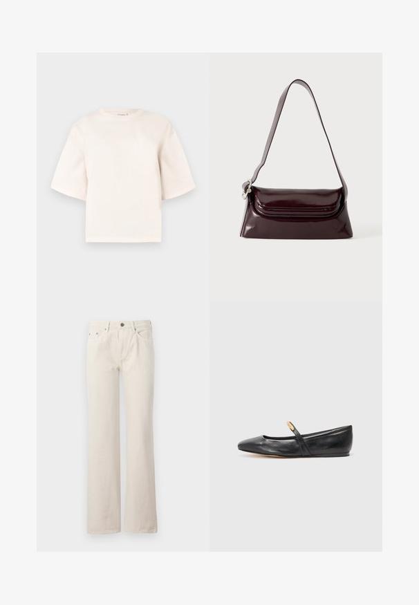 Kortærmet beige bomulds T-shirt med rund halsudskæring og oversize pasform. Glat tekstur uden mønstre eller hardware-detaljer.; Beige wide-leg jeans lavet af bomuld, med forlommer, lynlås og en subtil tekstureret finish. Klassisk design med en afslappet pasform.; Sorte læder balletflade med spids tå, slank rem og en lille guldfinisher nær remmen. Glat tekstur og lav hæl.; Mørk bordeaux skuldertaske i læder med klaplukning og en tynd justerbar rem, vist på en ensfarvet lys baggrund.