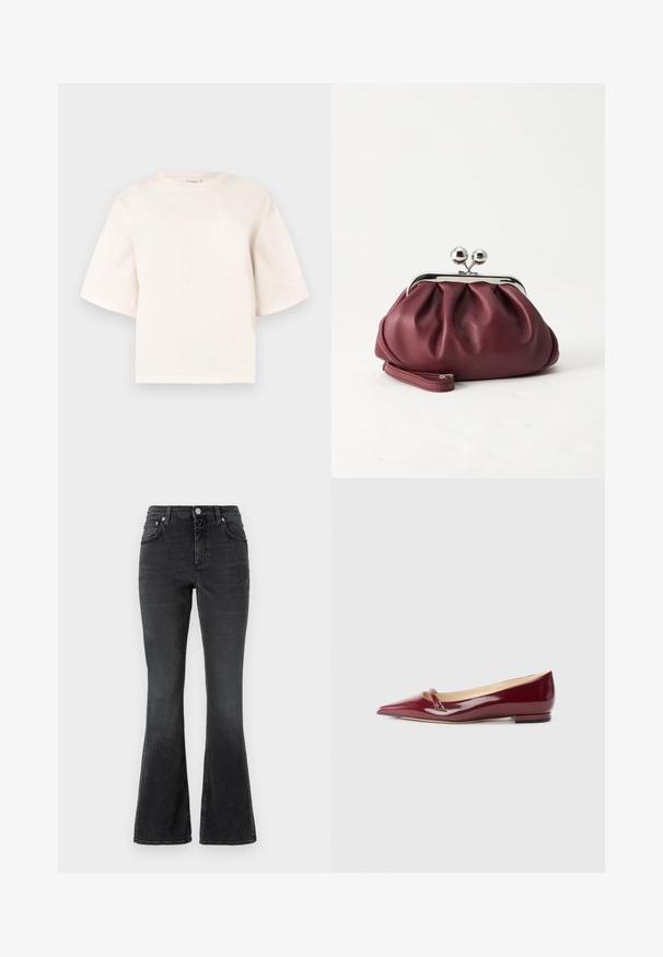 Korte mouwen, beige katoenen t-shirt met een ronde hals en een oversized pasvorm. Glad oppervlak zonder patronen of hardwaredetails.; CLOSED JOVANNA - Slim fit jeans - dark grey; Bordeaux patent leren ballerina's met een puntige neus, voorzien van een klein uitsnijdetail en een lage hak. Glad textuur en een slank ontwerp.; Kleine bordeauxrode leren clutch-portemonnee met zilverkleurige metalen sluiting en polsbandje op een witte achtergrond.