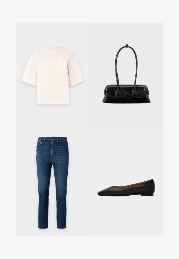 Korte mouwen, beige katoenen t-shirt met een ronde hals en een oversized pasvorm. Glad oppervlak zonder patronen of hardwaredetails.; Blauwe slim-fit jeans met een klassiek vijf-pocket ontwerp en knoopsluiting, voorzien van subtiele vervaging en een schone rechte pijp.; Zwarte leren puntschoen met lage hak en gladde afwerking, zijaanzicht op een lichtgrijze achtergrond.; Zwarte leren handtas met twee lange handvatten, een gladde textuur en een ronde bodem met decoratieve accenten aan de zijkanten.