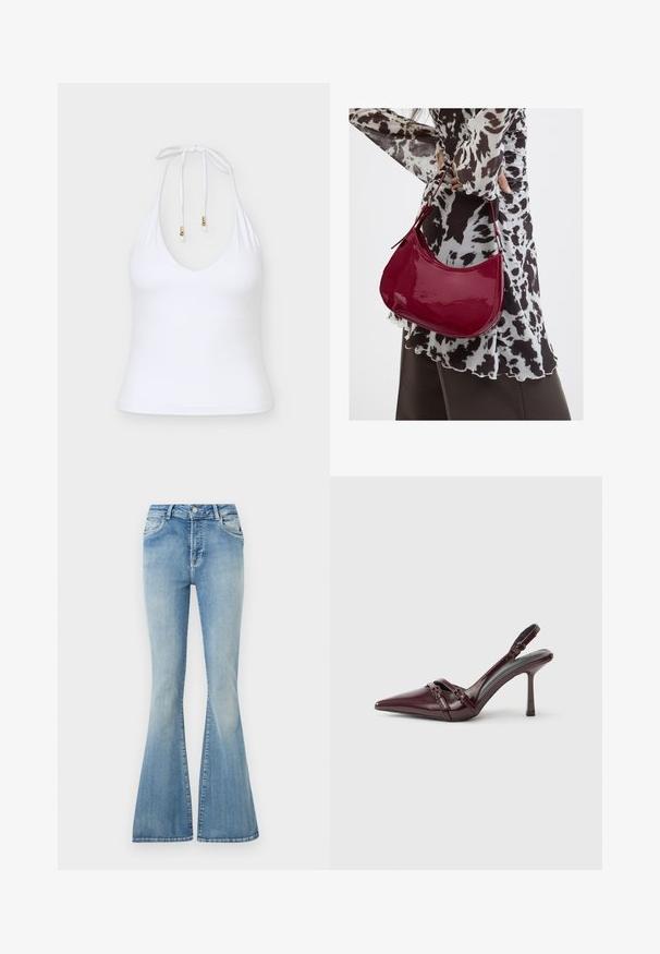 Haut blanc sans manches à col licou avec un profond décolleté en V et des liens de cou réglables ornés d'embouts dorés sur un fond uni.; Jean en denim bleu clair taille haute avec jambes larges évasées, boutonnage avant, fermeture éclair et design à cinq poches.; Escarpin slingback en cuir verni bordeaux avec bout pointu, fine bride à la cheville et petit détail décoratif de boucle. Texture lisse et talon haut.; Femme portant un chemisier à motif noir et blanc tenant un sac à main rouge brillant sur un fond uni.