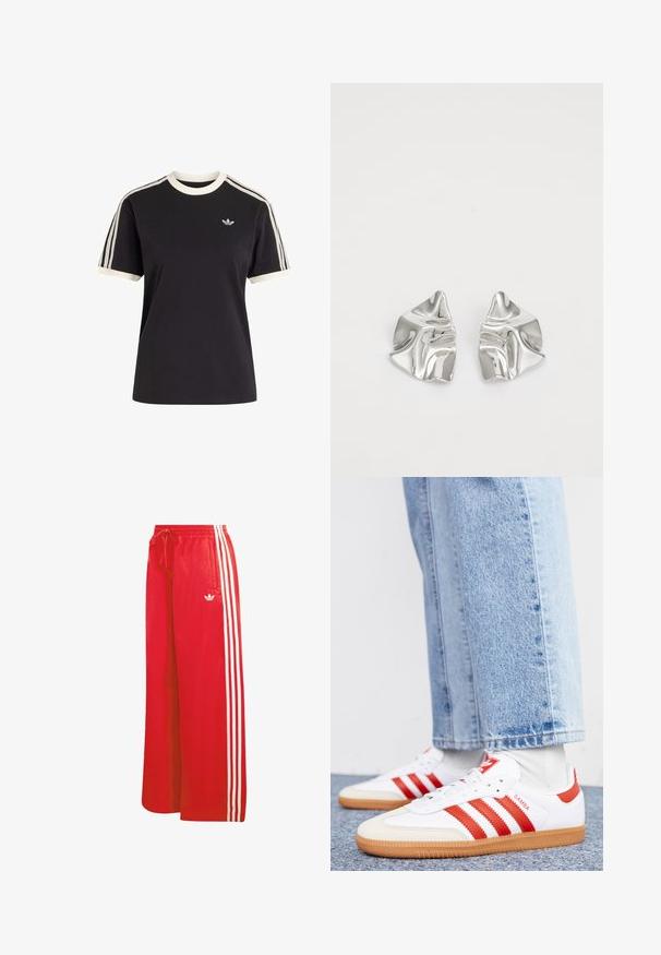 Schwarzes kurzärmeliges Hemd mit weißer Einfassung am Kragen und an den Manschetten, weißen perforierten Streifen entlang der Schultern und Ärmel, kleines Adidas-Logo auf der Brust.; Rote Sporthose aus leichtem Material, mit weitem Bein, elastischem Bund, Kordelzug und drei weißen Streifen auf jeder Seite.; Weiße Leder Sneaker mit roten Streifen und Akzenten. Verfügt über eine strukturierte Gummi-Laufsohle und einen gepolsterten Schaft. Tragen mit hellblauer Jeans.; Silberne Metallohrringe mit einem wellenförmigen, skulpturalen Design, das eine polierte Oberfläche und unregelmäßige Formen aufweist, die eine zeitgenössische Ästhetik betonen.