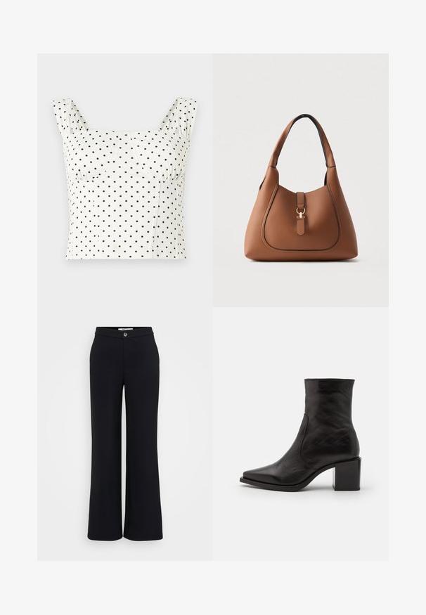 Weißes, kurzes Tanktop mit breiten Trägern und schwarzem Polka-Dot-Muster, mit einem herzförmigen Ausschnitt und strukturierten Nähten am Bustier.; Schwarze weit geschnittene Hose aus glattem Stoff, mit einem vorderen Knopfverschluss, Gürtelschlaufen und dezenten Nähten für ein sauberes Design.; Schwarzer Lederknöchelstiefel mit quadrater Spitze und Blockabsatz. Das Design zeichnet sich durch eine glatte Textur und minimale Nähte aus.; Braune Lederhandtasche mit strukturierter Oberfläche, geschwungener Form, einseitigem Schulterriemen und goldfarbenen Metallakzenten auf der Vorderseite.