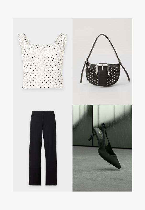 Witte cropped tanktop met brede bandjes en zwart polkadotpatroon, voorzien van een sweetheart-halslijn en gestructureerde naden op de buste.; Zwarte broek met rechte pijpen, met riemlussen en een ritssluiting aan de voorkant, getoond tegen een witte achtergrond.; Zwarte slingback hoge hak met spitse neus en enkelriempje, merk "ANNA FIELD", licht zwevend boven een grijs oppervlak.; Zwarte leren handtas met een gebogen vorm, versierd met zilveren studs en een opvallende zilveren gesp aan de voorkant. Inclusief een verstelbare schouderriem.