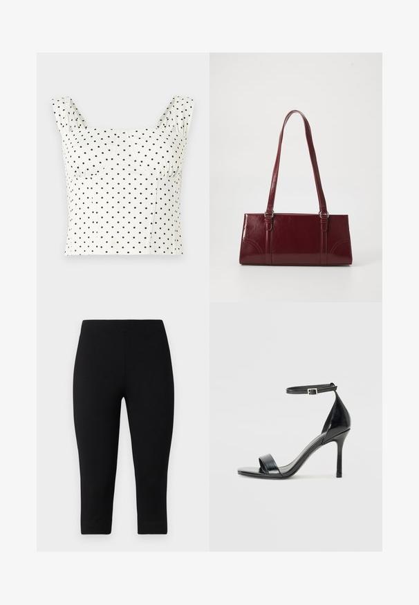 Débardeur blanc court à larges bretelles avec motif à pois noirs, présentant un décolleté en cœur et des coutures structurées au niveau de la poitrine.; Leggings capri noirs en tissu extensible, offrant une coupe ajustée et une texture lisse, sans motifs ni accents visibles.; Sandale à talon haut en cuir verni noir avec un bout ouvert, une seule lanière à l'avant et une lanière de cheville ajustable.; Sac à main bordeaux en matériau brillant, de forme rectangulaire, avec deux anses et des accents légèrement courbés à l'avant.