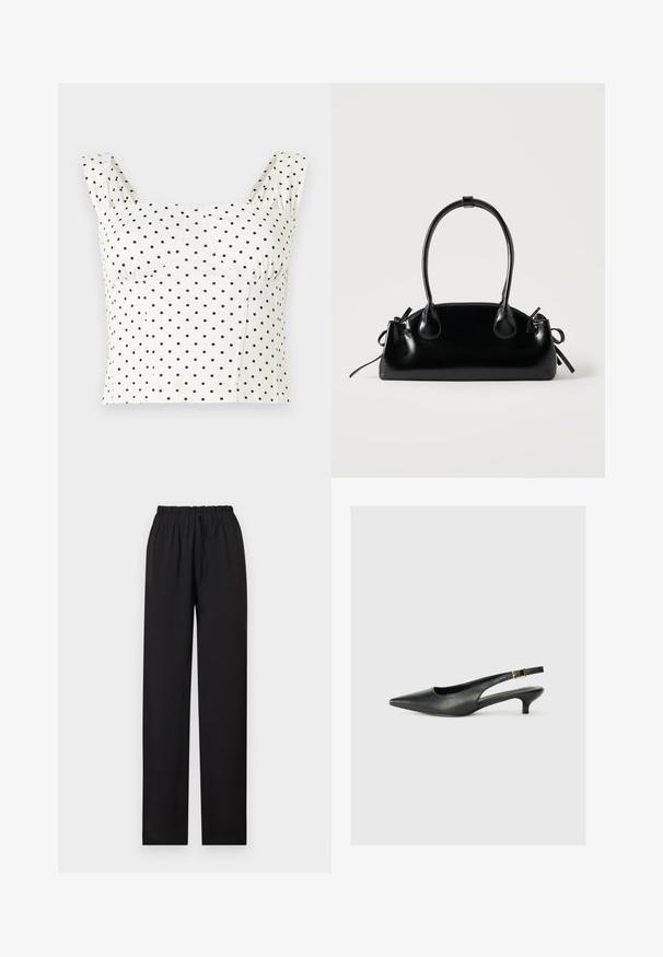 Débardeur blanc court à larges bretelles avec motif à pois noirs, présentant un décolleté en cœur et des coutures structurées au niveau de la poitrine.; Pantalon noir à jambes droites avec ceinture élastique et cordon de serrage, présenté à plat sur un fond blanc.; Chaussure slingback noire à bout pointu en cuir lisse. Présente un talon fin et un détail de boucle sur la sangle réglable.; Petit sac à main noir brillant avec deux longues anses et des détails à cordon sur les côtés sur un fond clair uni.