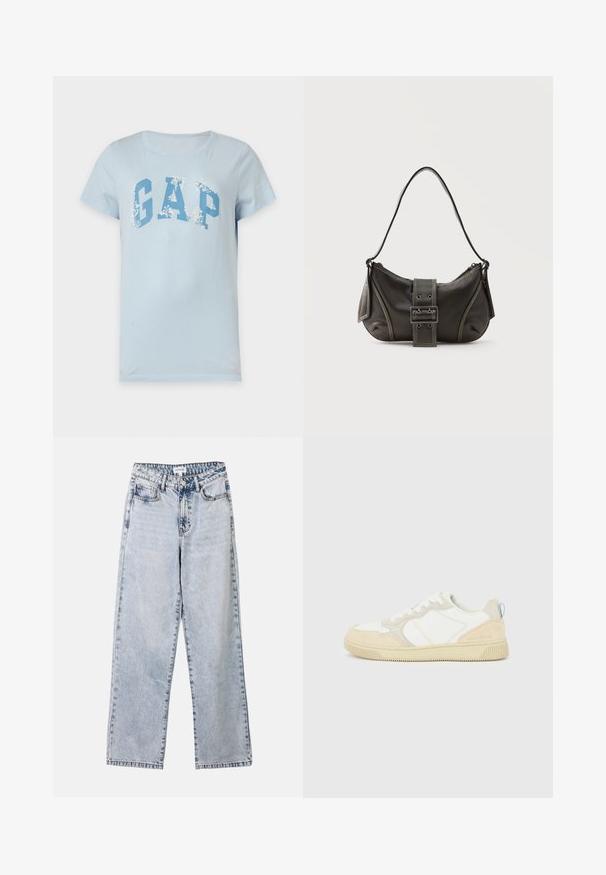 Lys blå kortærmet t-shirt med stort blåt GAP-logo og hvide blomstermotiver på bogstaverne, vist på en ensfarvet baggrund.; Lysblå lige ben jeans lavet af denim, med to frontlommer, en knaplukning og kontraststing langs sømmene.; Hvid og beige sneaker med en overdel i ruskind og tekstil, med kontrastsyninger, en gummisål og en lyseblå detalje på hælen.; Sort læder skuldertaske med spænde på remmen, afrundede kanter og kontrasterende hvide syninger på en ensfarvet baggrund.