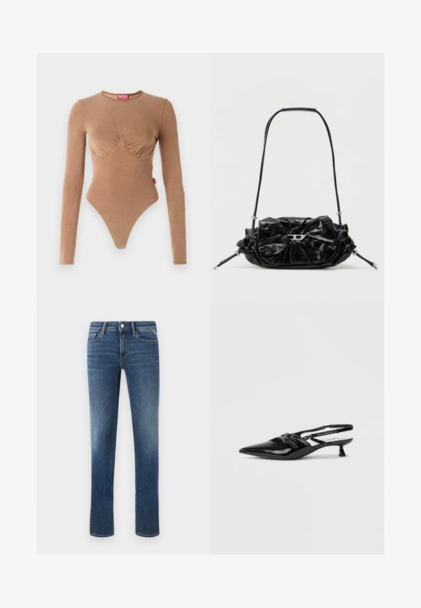 Brun langærmet bodystocking med rund halsudskæring og samlet buste-design. Fremstillet af glat stof, har en thong-bund og lille logo-tag.; Mørkeblå denim jeans med lige ben, mid-rise talje, forlommer og klassisk syning. Har en metalknap og lynlåslukning.; Sort laklæder slingback-sko med spids tå, lille blokhæl og justerbar rem med udskæringsdetaljer og logoaccenter.; Sort læderhåndtaske med et opsamlet design og sløjfedetalje foran. Har en kort hank og sølvfarvede hardware-accenter.