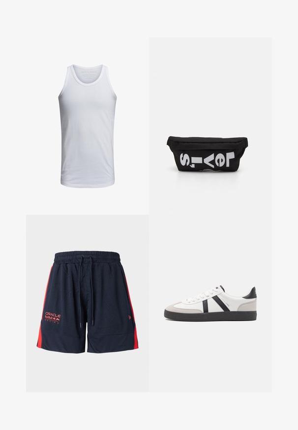 Λευκό βαμβακερό tank top με στρογγυλή λαιμόκοψη, φαρδιές τιράντες και ελάχιστη σήμανση εκτυπωμένη μέσα στον γιακά. Μαλακή υφή, ανάλαφρη εφαρμογή.; Σημερινά μπλε δίχτυνα σορτς με κόκκινες πλευρικές επιφάνειες. Διαθέτει ελαστική μέση με κορδόνι. Περιλαμβάνει κεντημένο λογότυπο στο αριστερό μηρό.; Λευκό αθλητικό παπούτσι με μαύρες και γκρί λεπτομέρειες, featuring ένα υφή γκρί καλύμμα δαχτύλου, μαύρη καουτσούκ σόλα και επίπεδες λευκές κορδόνες. Καθαρός σχεδιασμός, μινιμαλιστικό στυλ.; Μαύρη υφασμάτινη τσάντα με επίπεδο σχήμα, που διαθέτει έντονο λευκό κείμενο. Με κλείσιμο φερμουάρ στην κορυφή και λεπτομέρεια βρόχου στη μία πλευρά.