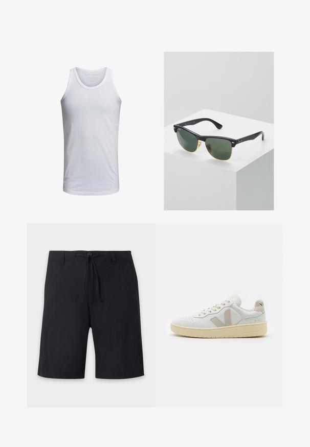 Top de tirantes de algodón blanco con cuello redondo, tirantes anchos y un logo minimalista impreso dentro del cuello. Textura suave, ajuste casual.; Pantalones cortos negros hasta la rodilla con trabillas para cinturón, cierre con botón y cordón ajustable en la cintura.; Zapatilla blanca de cuero con detalles en ante beige, paneles texturizados, cordones planos y suela de goma color crema. Marca "V-90" en el talón.; Gafas de sol Ray-Ban con lentes verdes, montura de plástico negro y acentos dorados en los bordes. Forma cuadrada con acabado mate.