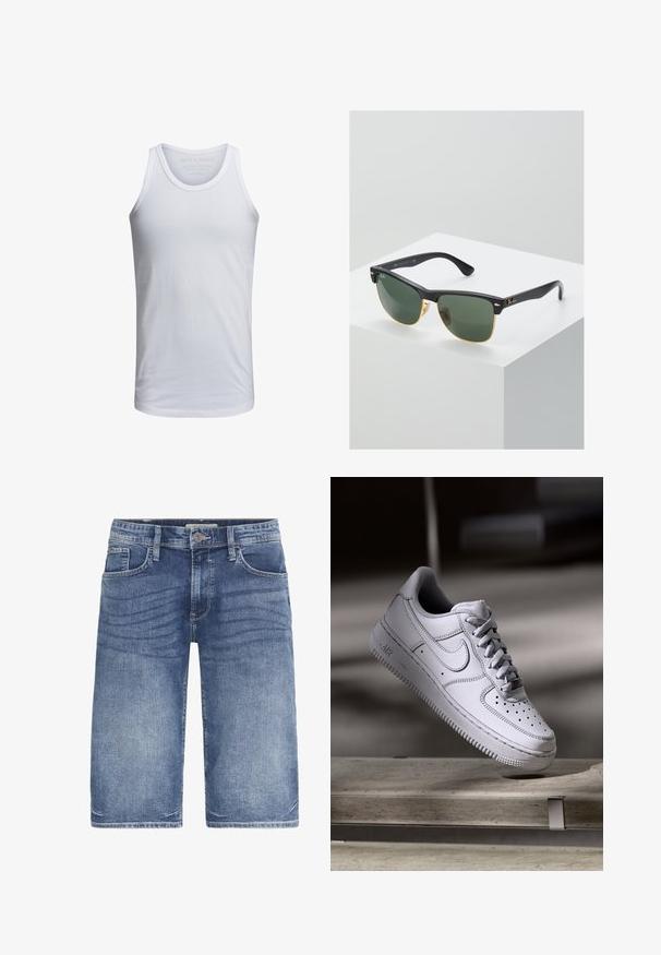 Valge puuvillane tank top, millel on ümar kaelus, laiad õlapaelad ja minimaalne brändingu trükk krae sees. Pehme tekstuur, igapäevane istuvus.; Heledsinistest denimsärg on klassikalise lõikega, viie taskuga, nööbiga kinni ja kangas on kergelt fadeeritud, et lisada tekstuuri.; Valge nahast Nike Air Force 1 tennisejalanõu, millel on perforatsiooniga varvas, lamedad paelad ja tekstureeritud kummist tallaga, millel on küljele märgitud "AIR".; Ray-Ban'i prillid roheliste objektiividega, mustade plastikraamide ja kuldsete aktsentidega servadel. Ruudukujuline kuju mati viimistlusega.