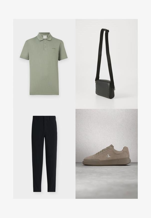 Polo vert olive à manches courtes avec trois boutons et petit logo Calvin Klein sur le côté gauche de la poitrine.; Pantalon noir cintré sur mesure avec passants de ceinture et fermeture avant dissimulée, présenté sur fond blanc.; Baskets en daim beige avec lacets et logo "ck", présentées en suspension au-dessus d'un sol en béton poli avec un mur en blocs de verre en arrière-plan.; Sac à bandoulière en cuir noir avec une texture lisse, de forme rectangulaire, sangle noire réglable et détail de fermeture éclair en argent.