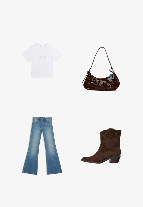 Weißes kurzärmeliges, bauchfreies T-Shirt mit "Juicy" aus Strasssteinen mittig auf der Vorderseite und rundem Ausschnitt.; Blaue Denim-Jeans mit ausgestelltem Bein, Vordertaschen und Knopfverschluss, gezeigt vor weißem Hintergrund.; Braune Wildleder-Cowboy-Stiefel mit spitzem Zeh, dekorativen Stickmustern, Knöchelhöhe und gestapeltem Absatz. Mit einer Zuglasche für einfaches An- und Ausziehen.; Bordeauxfarbene Lacklederhandtasche mit geschwungener Form, silbernen Hardware-Details und einer dekorativen Schnalle. Verfügt über einen kurzen Tragegurt und einen Reißverschluss.