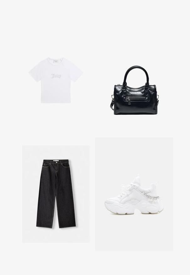 Witte korte mouw croptop T-shirt met "Juicy" in strass steentjes gecentreerd aan de voorkant en een ronde halslijn.; Zwarte jeans met wijde pijpen, voorzakken en zilveren knoopsluiting, plat gelegd op een lichtgrijze achtergrond.; Witte chunky sneaker met dikke zool, veters aan de voorkant en kettinkdetail met hangende parels op de hiel.; Zwarte glanzende leren handtas met twee handvatten, voorvak met rits en afneembare schouderriem op witte achtergrond.