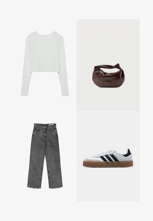 Witte lang-uitgesneden top met lange mouwen, gemaakt van ribbels. Heeft een ronde halslijn en een zachte textuur met subtiele verticale lijnen.; Hoge taille zwarte gewassen rechte jeans met voorzakken, riemlussen, knoopsluiting en een merklabel aan de binnenkant van de tailleband.; Witte leren sneakers met zwarte strepen, gumrubberen buitenzool, ronde neus, vetersluiting en een zachte grijze suède neuskap.; Donkerbruine leren schoudertas met een zachte, slungelige vorm en een gedraaide knoopvormige handgreep op een effen witte achtergrond.