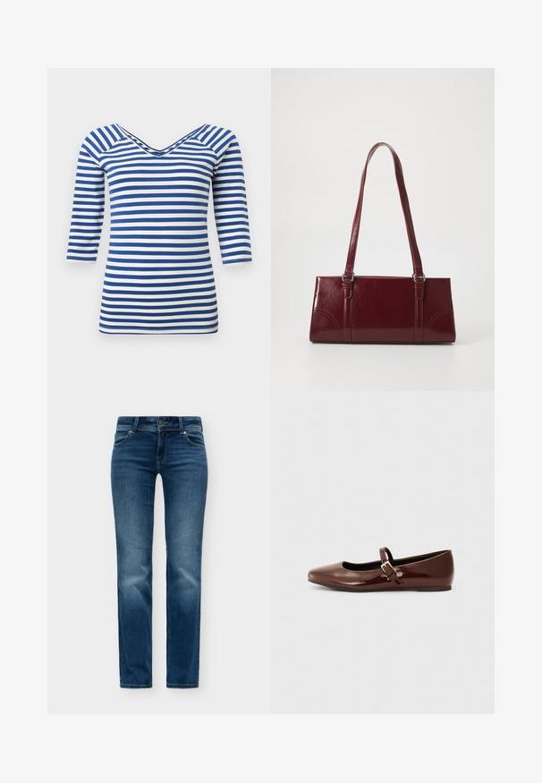 Chemise à manches longues rayée bleu et blanc avec col en V et coupe ajustée.; Jean en denim bleu avec un design classique à cinq poches, fermeture par bouton et fermeture éclair, et légère décoloration sur les cuisses et les genoux avant.; Ballerine en cuir verni marron avec un bout carré et une lanière ornée d'une petite boucle dorée. Texture lisse, talon bas et design minimaliste.; Sac à main bordeaux en matériau brillant, de forme rectangulaire, avec deux anses et des accents légèrement courbés à l'avant.