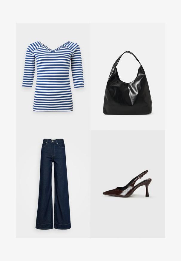Blauw-wit gestreept shirt met lange mouwen, een V-hals en een getailleerde pasvorm.; Donkerblauwe high-waist wijde jeans met voorzakken, riempjes, knoopsluiting en zichtbare stiksels op een witte achtergrond.; Bruine gepatineerde leren slingback pumps met een spitse neus, een dunne hak en een verstelbaar bandje met een kleine gesp.; Zwarte leren hobo tas met een zachte, glanzende textuur en een ronde, open bovenkant. Voorzien van een brede, gebogen schouderband om te dragen. Geen zichtbare hardware.