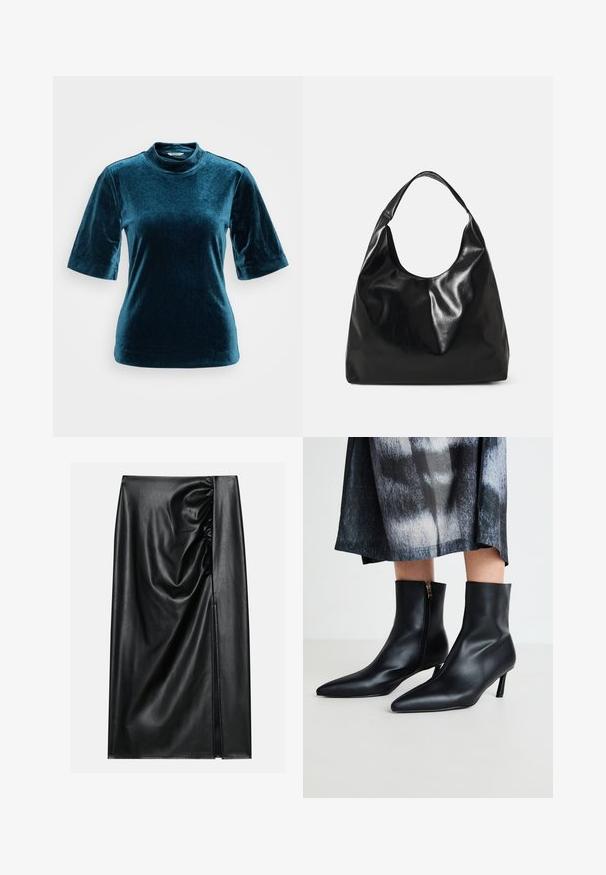Teal fluwelen top met een hoge hals, korte mouwen en een gladde textuur. Heeft een ontspannen fit en minimalistische designelementen.; Zwarte leren rok met een soepele textuur, voorzien van een geplooid gedeelte aan één kant en een zijspleet voor extra detail.; Zwarte leren enkellaarsjes met een puntige neus en een ritssluiting aan de zijkant, afgewerkt met een taps toelopende hak. Gladde textuur en strak ontwerp.; Zwarte leren hobo tas met een zachte, glanzende textuur en een ronde, open bovenkant. Voorzien van een brede, gebogen schouderband om te dragen. Geen zichtbare hardware.