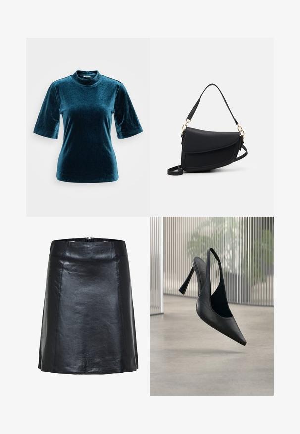 Top de terciopelo verde azulado con cuello alto, mangas cortas y una textura suave. Presenta un ajuste relajado y elementos de diseño minimalistas.; Falda negra de cuero en línea A con costuras visibles y un ligero brillo, con cintura alta y bajo corto.; Zapato de tacón stiletto con tira trasera de cuero negro y punta puntiaguda, flotando sobre un suelo de hormigón liso y fondo de panel metálico vertical.; Bolso de mano de cuero negro con un acabado texturizado, que cuenta con una sola correa para el hombro y acentos de hardware dorado. El diseño es elegante y minimalista.