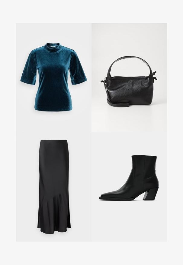 Smaraggrøn fløjlstop med høj hals, korte ærmer og en glat overflade. Har en afslappet pasform og minimalistische designelementer.; Sort satin midi-skirt med et elegant design, der har en let flared kant og en sideslids for nem bevægelse. Glat tekstur.; Sortlæder ankelstøvle med spids tå, en slank silhuet og en kraftig firkantet hæl. Glat tekstur med minimale stikninger.; Sort læderhåndtaske med et struktureret design, rund tophåndtag og aftagelig skulderrem. Den har en glat tekstur og en subtil glans.