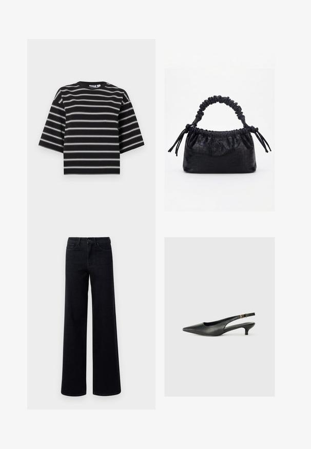 Zwart T-shirt met korte mouwen, witte horizontale strepen en een ronde hals, afgebeeld tegen een effen lichte achtergrond.; Brede zwarte denim jeans met een hoge taille, voorzien van standaardzakken en een knoopsluiting. Glad textuur met lichte stretch.; Zwarte puntschoen met slingback van soepel leer. Kenmerkt zich door een dunne hak en een gespdetail op de verstelbare band.; Zwarte handtas met krokodillenstructuur, geplooide bovenrand, samengevoerde handgreep en koordtassels aan elke kant tegen een witte achtergrond.