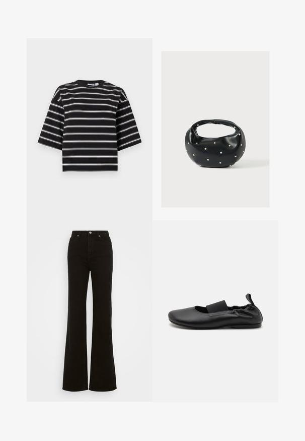 Schwarzes Kurzarmhemd mit weißen horizontalen Streifen und Rundhalsausschnitt, vor einem schlichten hellen Hintergrund dargestellt.; Hoch taillierte schwarze Schlagjeans aus Denim, mit Knopfverschluss, seitlichen Taschen und glatter Textur.; Schwarze Ballerina aus glattem synthetischem Material mit elastischem Band, runder Zehenpartie und kleinem Absatz sowie gerafftem Rückendetail.; Schwarze Lederhandtasche mit abgerundeter Form, verziert mit silbernen Nietenakzenten und kurzem Griff. Glatte Struktur und Reißverschlussverschluss.