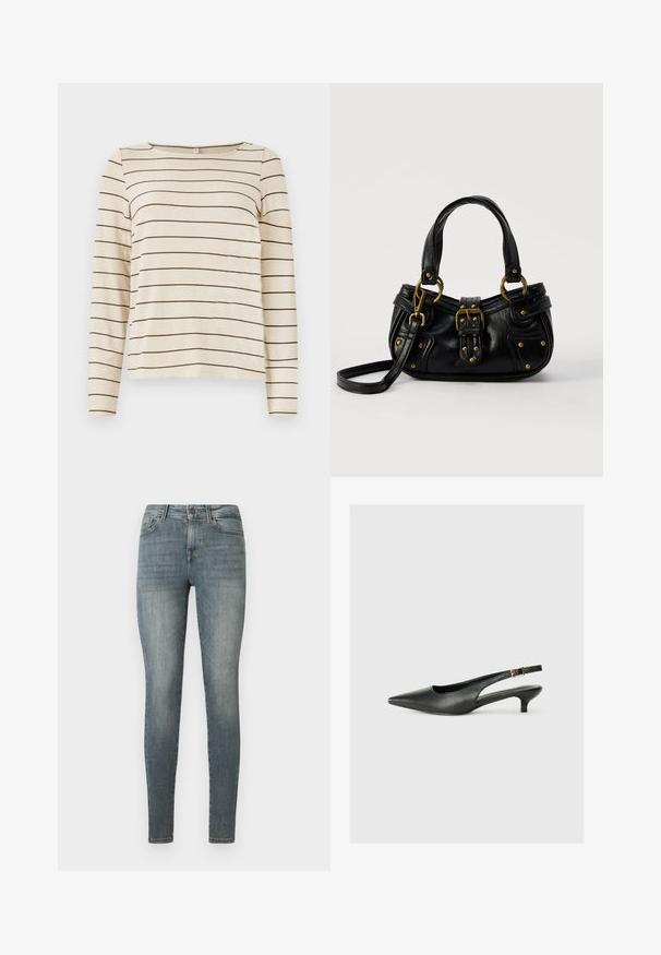 Beige langwerpige top met donkerbruine horizontale strepen, voorzien van een ronde hals en een zachte tekstuur. Eenvoudig en veelzijdig ontwerp.; Blauw-grijze slim-fit vrouwenjeans met een knoop- en ritssluiting, voor- en achterzakken, en een lichte vervaging op de dijen.; Zwarte puntschoen met slingback van soepel leer. Kenmerkt zich door een dunne hak en een gespdetail op de verstelbare band.; Zwarte leren handtas met gouden gesp en klinknagel details, korte handvatten en een verstelbare schouderriem op een effen witte achtergrond.