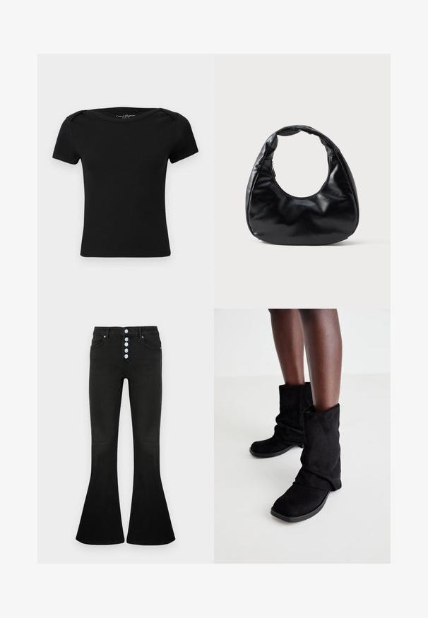 Schwarzes, geripptes, kurzärmeliges, figurbetontes Oberteil mit Boot-Ausschnitt und "Casual Elegance ONLY"-Etikett im Kragen.; Schwarze Schlagjeans mit hohem Bund, fünf Knöpfen am Verschluss, weicher Denim-Textur und dezenten Nahtdetails an Taschen und Nähten.; Schwarze Wildleder-Ankle Boots mit einem lässigen Design, flacher Sohle und quadratischer Zehenpartie, präsentiert auf dunklen Beinen vor einem hellen Hintergrund.; Schwarze Kunstleder-Handtasche mit einzigartiger Halbmondform, einem breiten, gepolsterten Henkel und einem Reißverschluss. Glatte, glänzende Textur, minimalistisches Design.