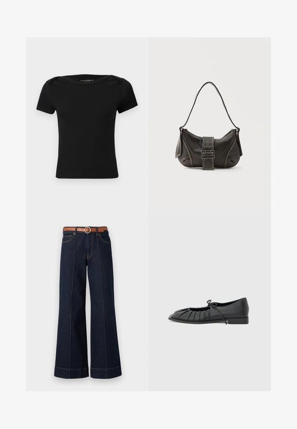 Haut noir côtelé à manches courtes ajusté avec encolure bateau et étiquette "Casual Elegance ONLY" à l'intérieur du col.; Jean large en denim bleu foncé avec taille haute, ceinture marron et détails de couture visibles. Comprend des poches avant et une coupe décontractée.; Chaussure plate noire avec design plissé à l'avant et un nœud noué sur le dessus, petit talon, et texture lisse sur un fond gris clair.; Sac à épaule en cuir noir avec une sangle à boucle, des bords arrondis et des coutures blanches contrastées sur un fond uni.
